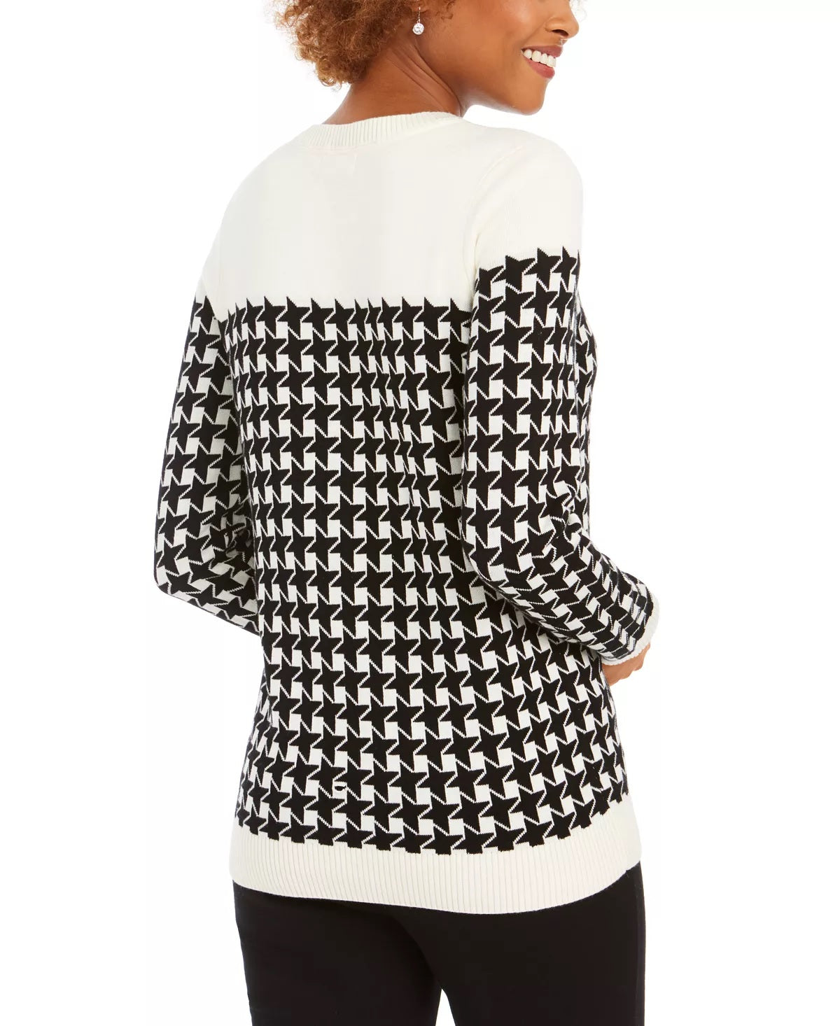 Suéter feminino Charter Club com gola redonda e estampa pied-de-poule colorblock, preto, tamanho médio