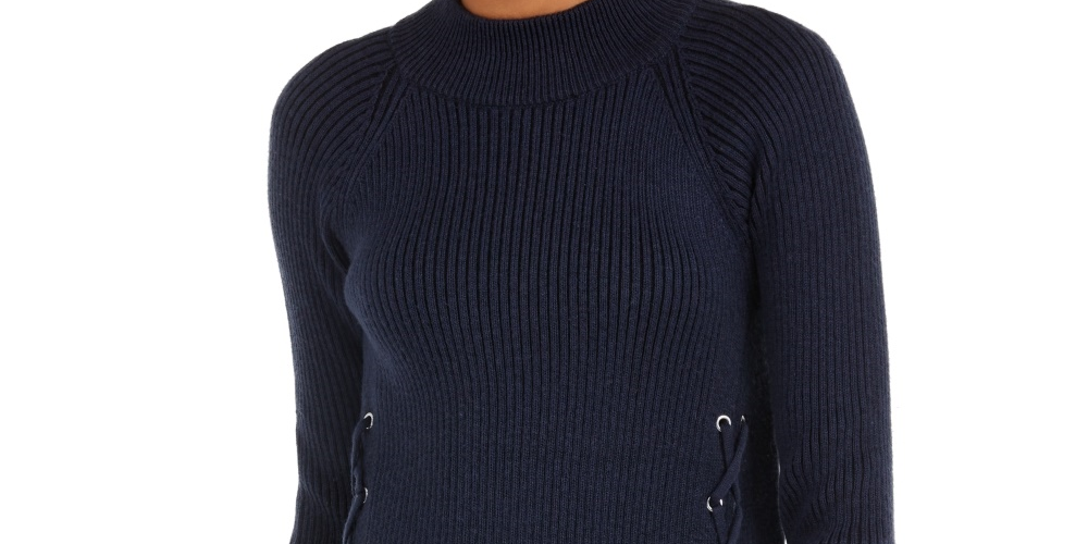 Suéter de malha canelada com amarração e gola falsa feminino Style &amp; Co, azul, tamanho grande