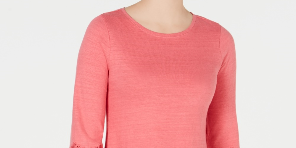 Top feminino Charter Club Petite Cotton com acabamento em renda Rosa PS