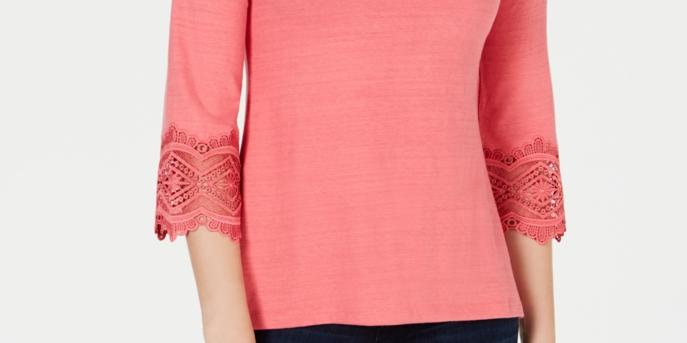 Top feminino Charter Club Petite Cotton com acabamento em renda Rosa PS