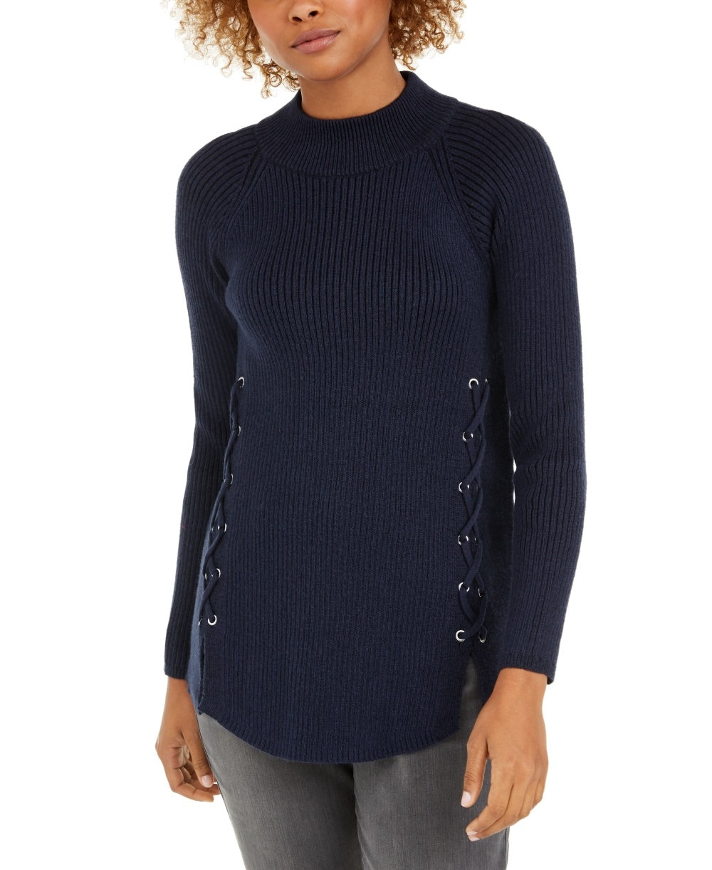 Suéter de malha canelada com cadarço e gola falsa feminino Style &amp; Co, azul-marinho, tamanho X-S