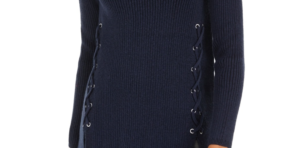 Suéter de malha canelada com cadarço e gola falsa feminino Style &amp; Co, azul-marinho, tamanho X-S