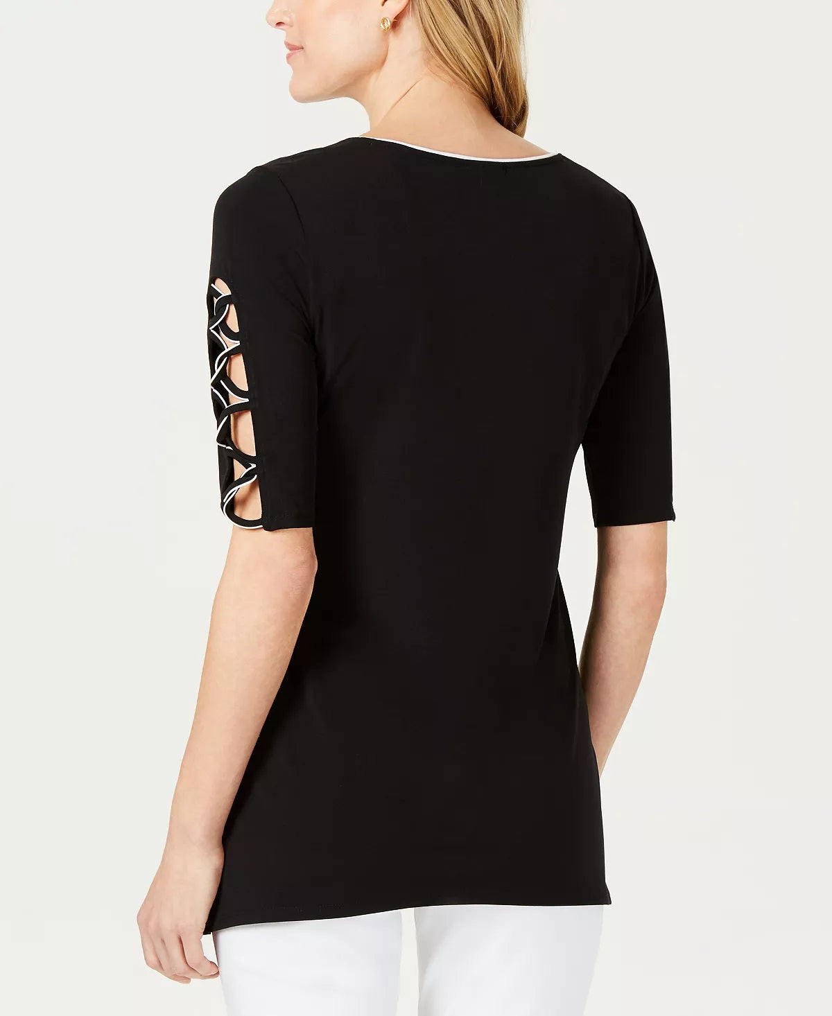 JM Collection Top Feminino Manga Aberta com Debrum Preto Tamanho Médio