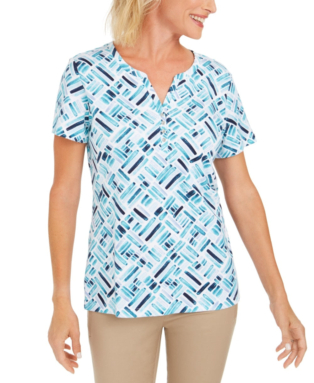 Karen Scott Blusa Henley Feminina Estampada Manga Curta Azul Tamanho X-Smal
