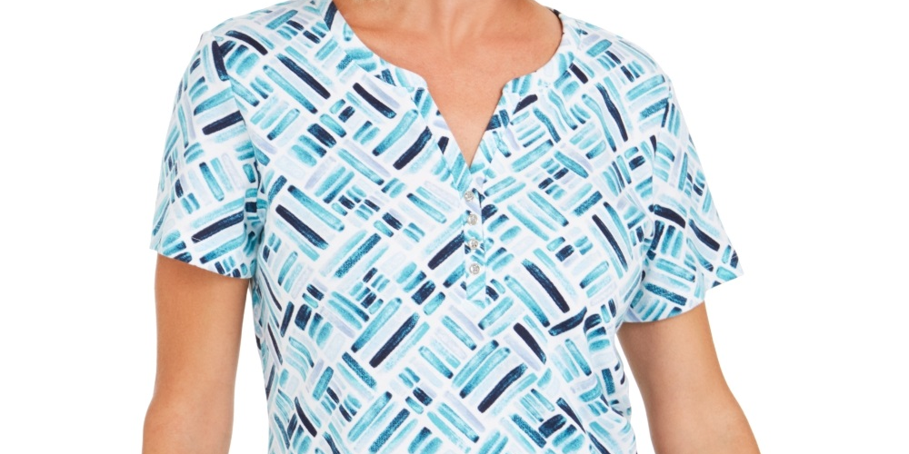 Karen Scott Blusa Henley Feminina Estampada Manga Curta Azul Tamanho X-Smal