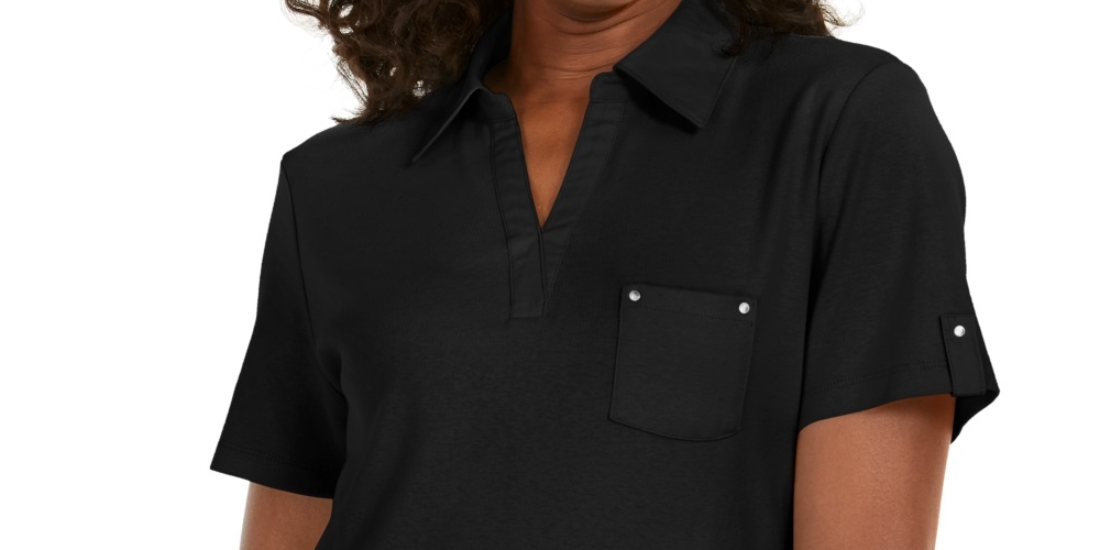 Camisa polo feminina Karen Scott de algodão, preta, tamanho pequeno
