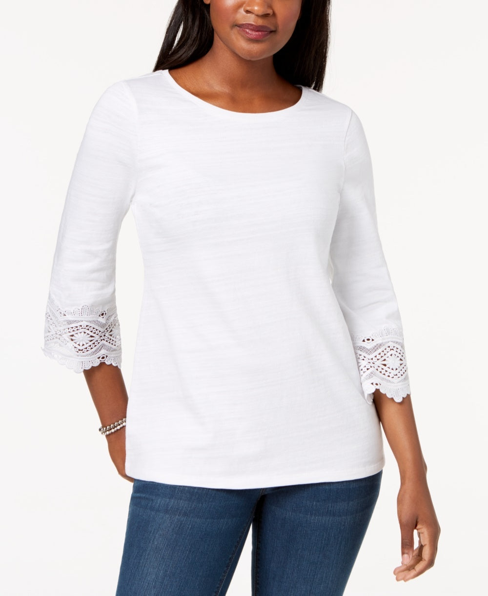 Top feminino Charter Club com acabamento em renda de algodão, branco, tamanho grande