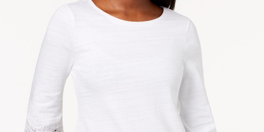 Top feminino Charter Club com acabamento em renda de algodão, branco, tamanho grande