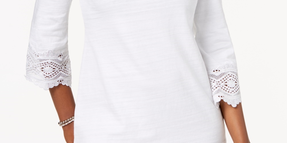 Top feminino Charter Club com acabamento em renda de algodão, branco, tamanho grande