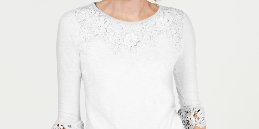 Charter Club Blusa feminina bordada com manga sino, branca, tamanho pequeno, extragrande