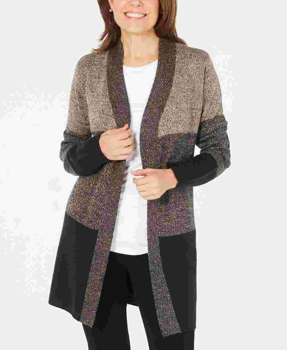 Karen Scott Cardigan Feminino Colorblocked Frente Aberta Marrom Tamanho Grande