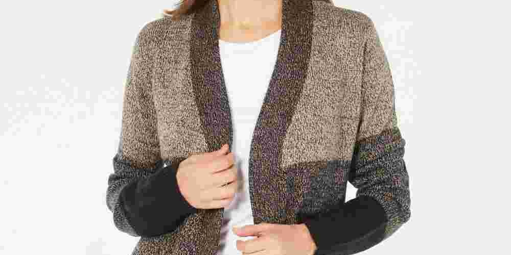 Karen Scott Cardigan Feminino Colorblocked Frente Aberta Marrom Tamanho Grande