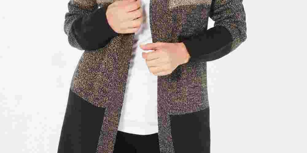 Karen Scott Cardigan Feminino Colorblocked Frente Aberta Marrom Tamanho Grande