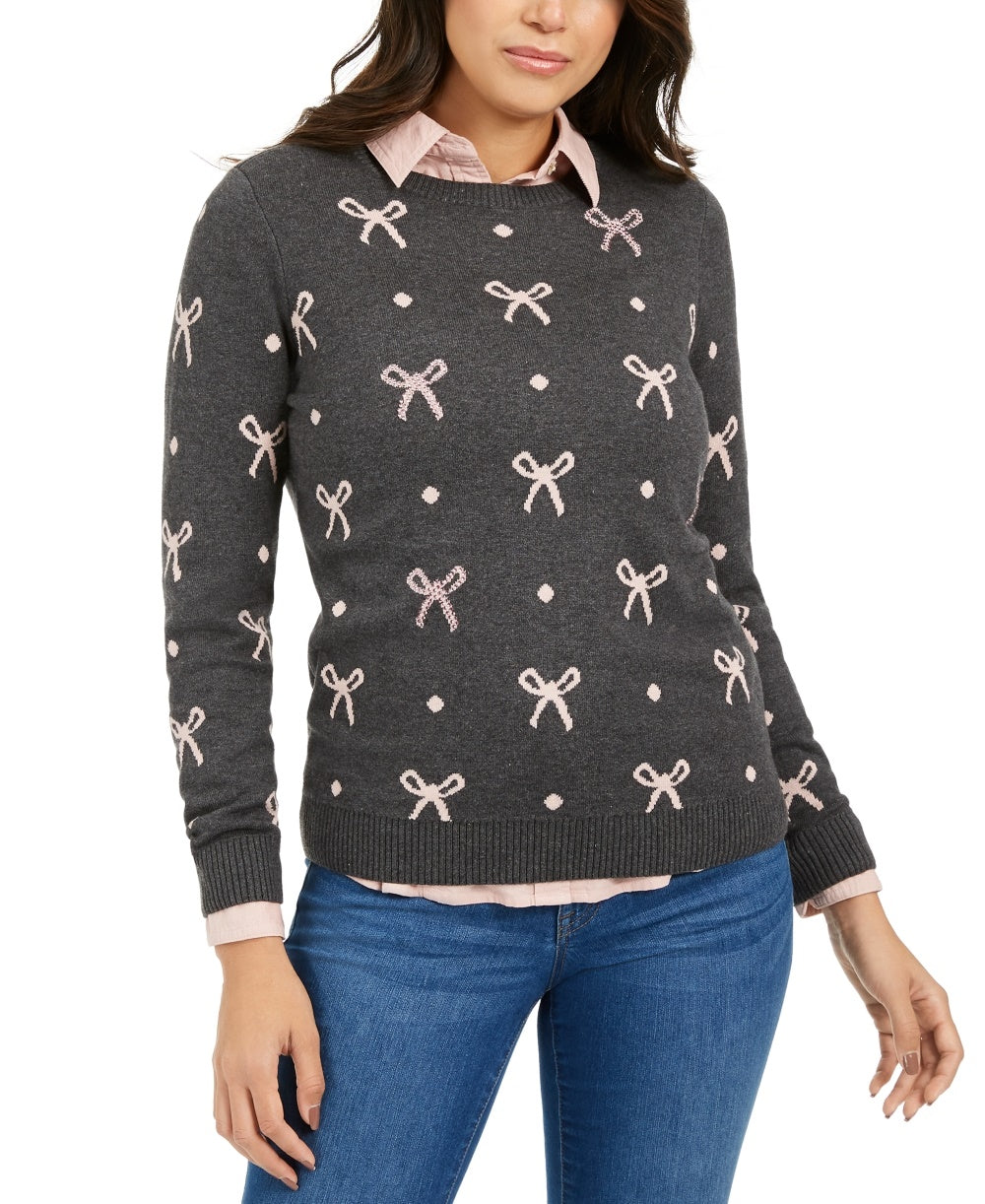 Suéter feminino Charter Club Reese com contas e laço, cinza, tamanho extragrande