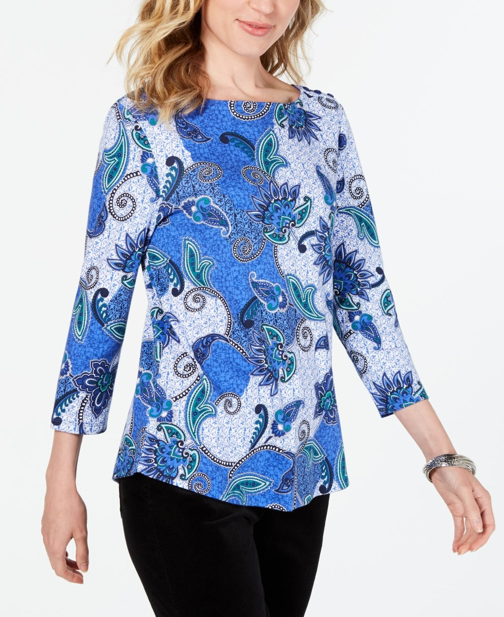 Camiseta feminina Charter Club de algodão estampado com manga 3/4, azul, tamanho X-S