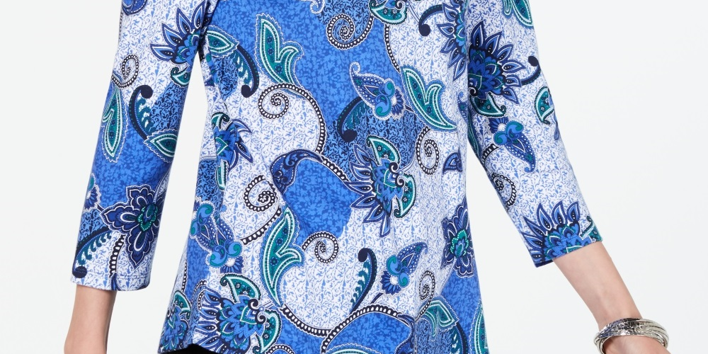 Camiseta feminina Charter Club de algodão estampado com manga 3/4, azul, tamanho X-S