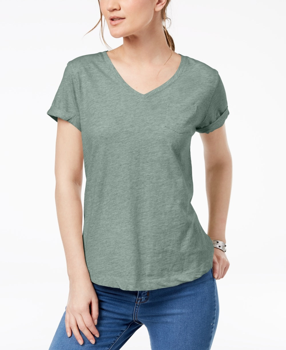 Camiseta feminina pequena com decote em V e bolso, tamanho PP, verde, estilo &amp; co