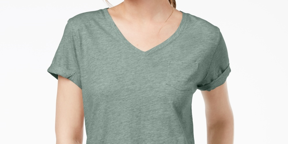Camiseta feminina pequena com decote em V e bolso, tamanho PP, verde, estilo &amp; co