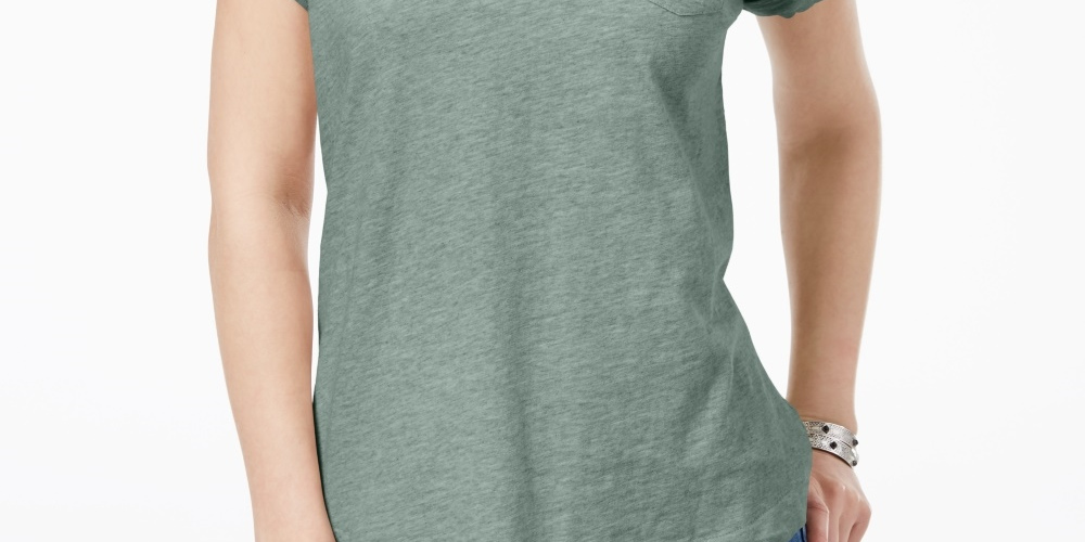 Camiseta feminina pequena com decote em V e bolso, tamanho PP, verde, estilo &amp; co
