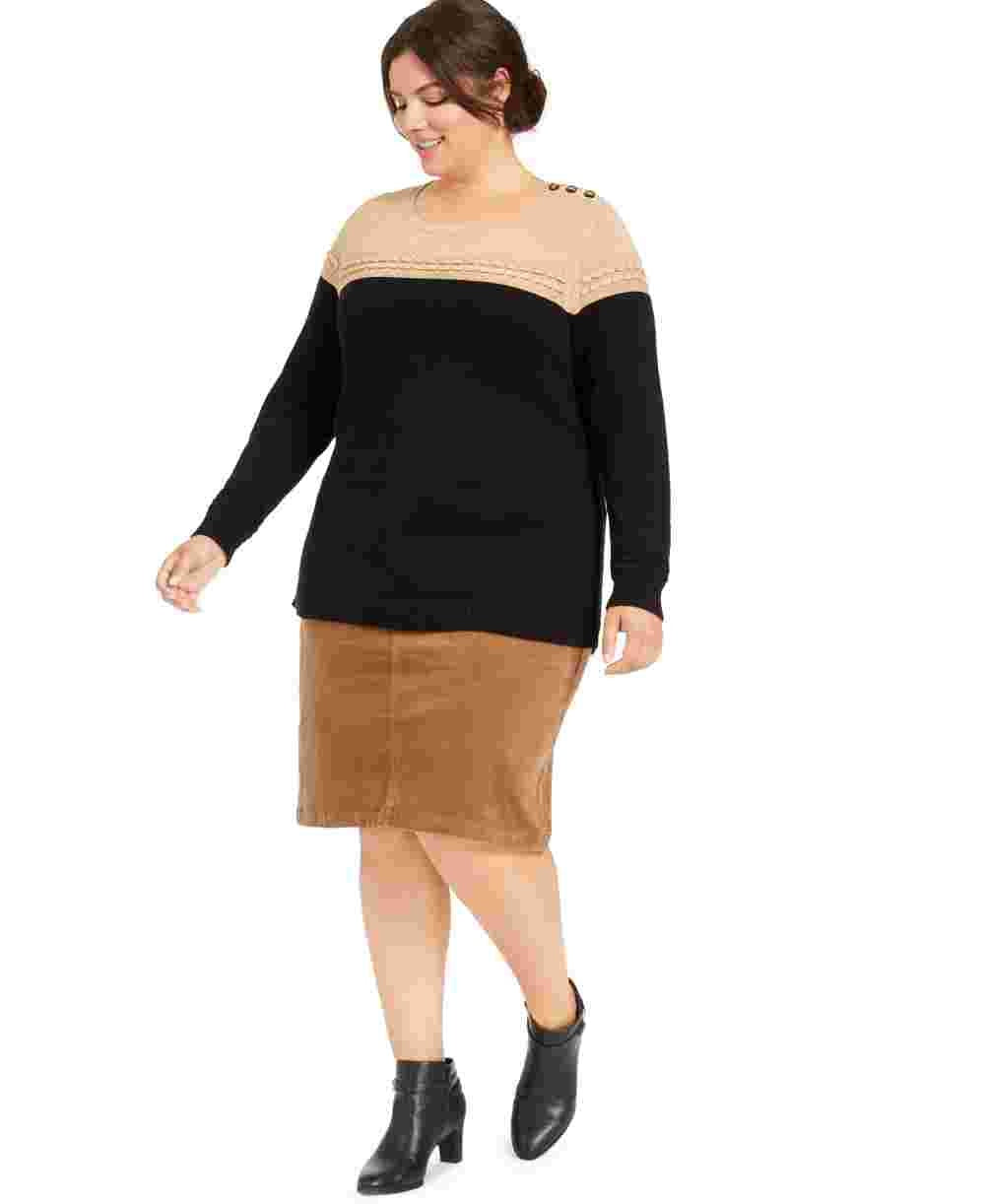 Suéter feminino plus size metálico bicolor Charter Club, bege, tamanho 1X