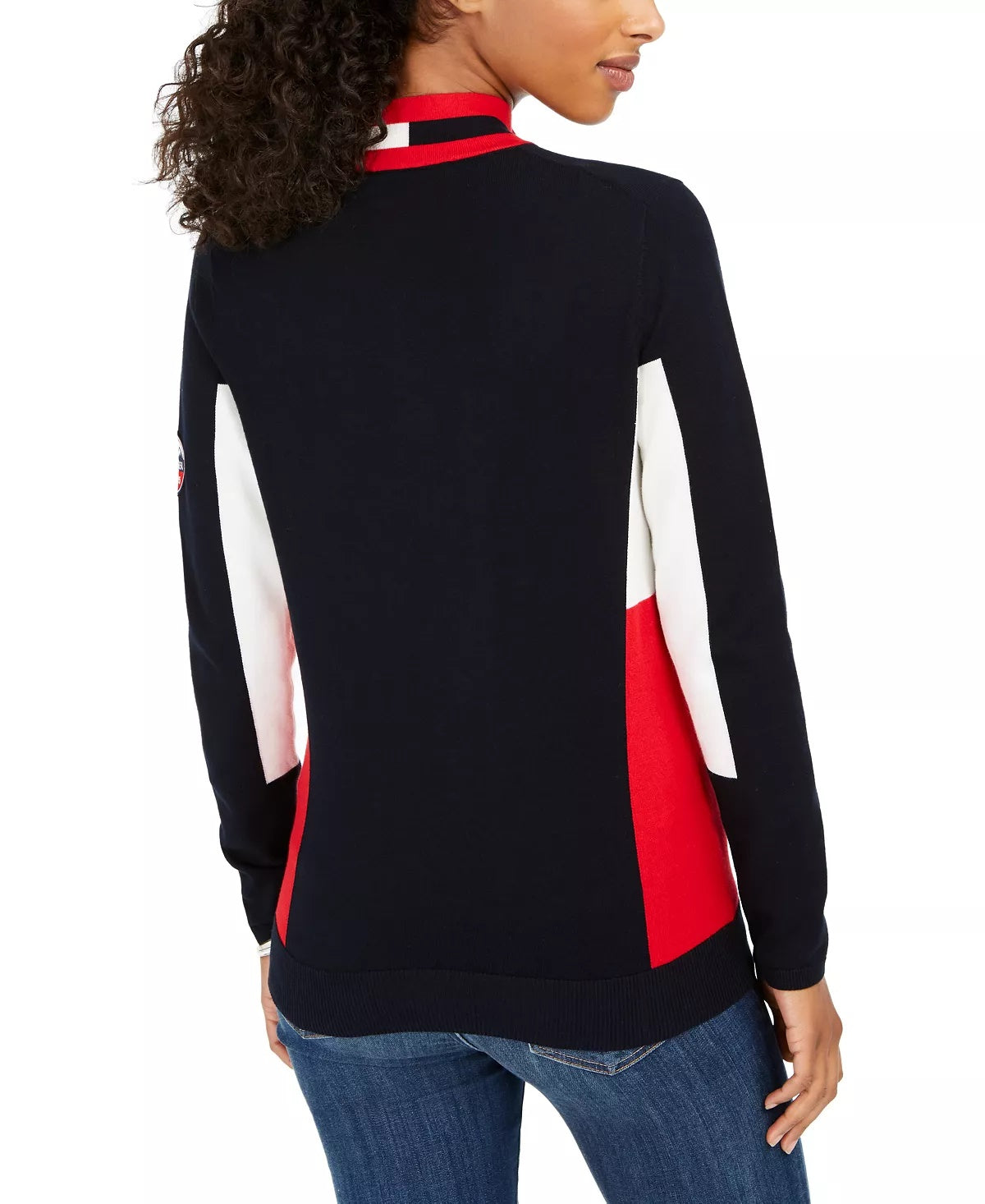 Tommy Hilfiger Suéter de algodão feminino com gola alta e bandeira, azul, tamanho XS