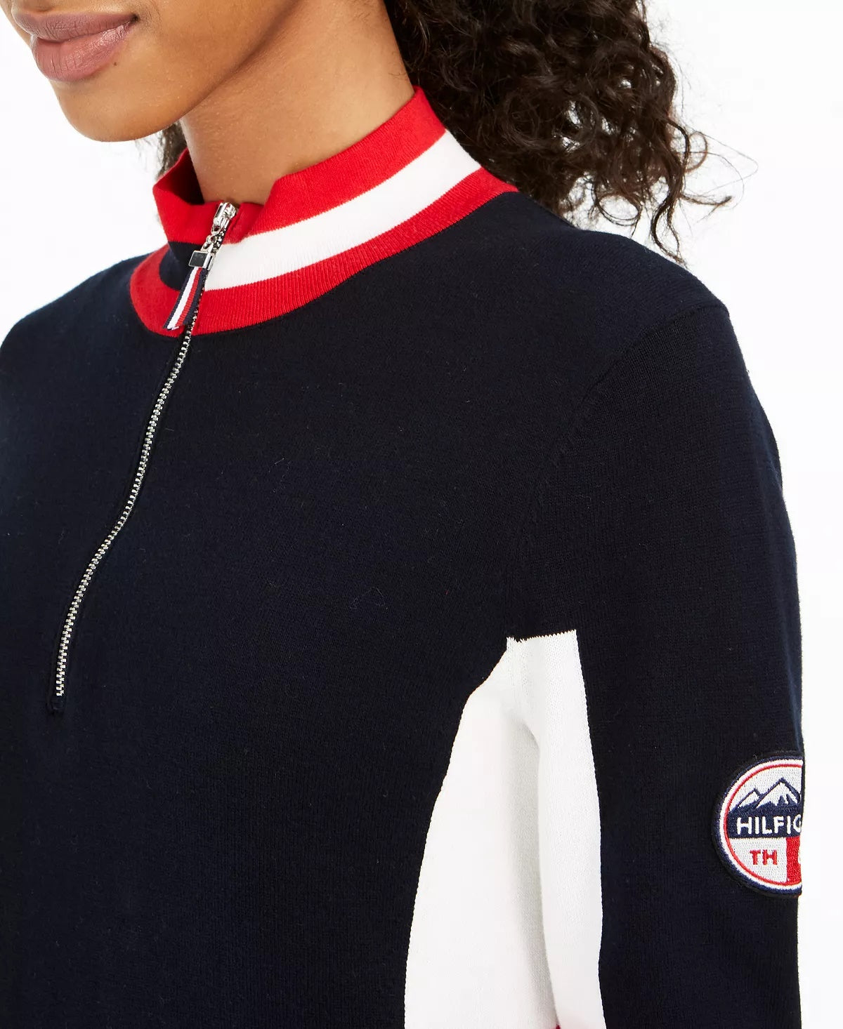 Tommy Hilfiger Suéter de algodão feminino com gola alta e bandeira, azul, tamanho XS