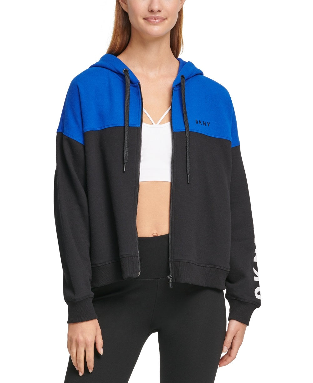 Moletom com capuz feminino DKNY Sport Colorblocked Flip Logo com zíper, azul, tamanho GG