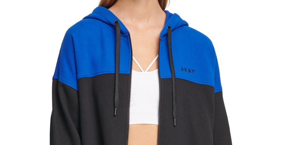 Moletom com capuz feminino DKNY Sport Colorblocked Flip Logo com zíper, azul, tamanho GG