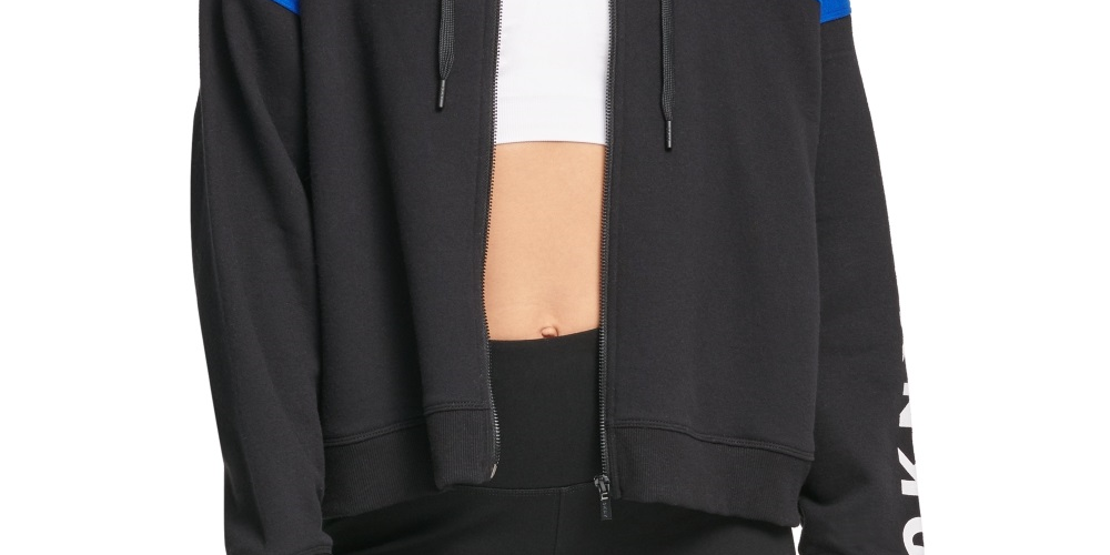 Moletom com capuz feminino DKNY Sport Colorblocked Flip Logo com zíper, azul, tamanho GG