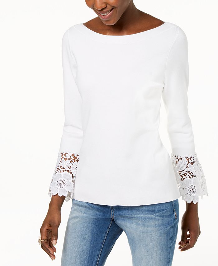 Suéter feminino INC International Concepts com manga sino e punho de renda, branco, tamanho pequeno
