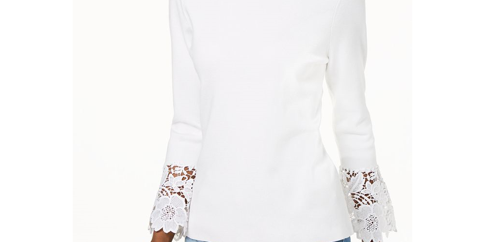Suéter feminino INC International Concepts com manga sino e punho de renda, branco, tamanho pequeno