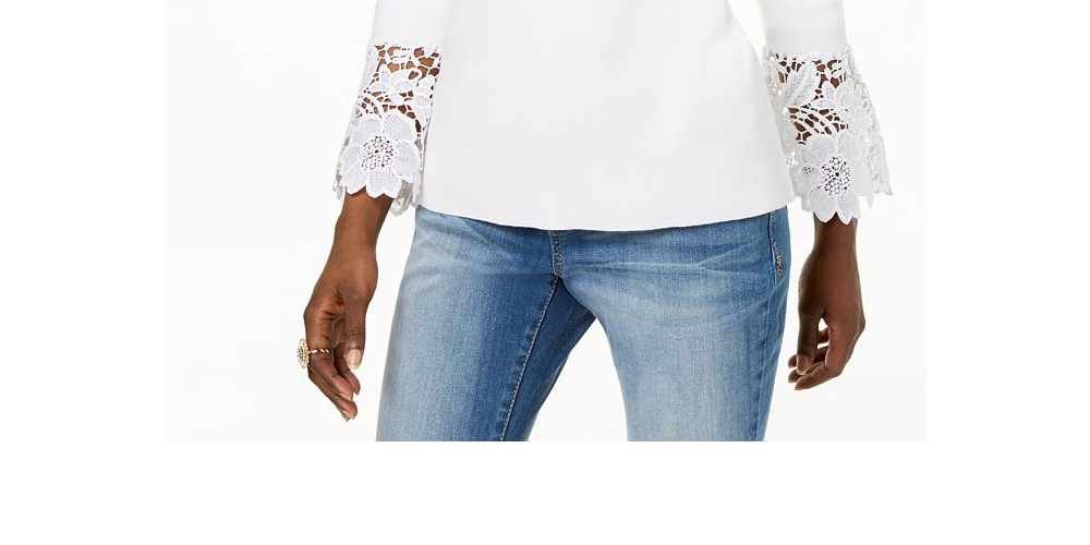 Suéter feminino INC International Concepts com manga sino e punho de renda, branco, tamanho pequeno