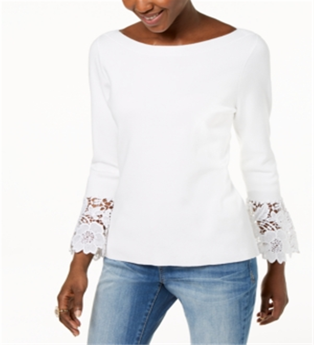 Suéter feminino INC International Concepts com manga sino e punho de renda, branco, tamanho pequeno