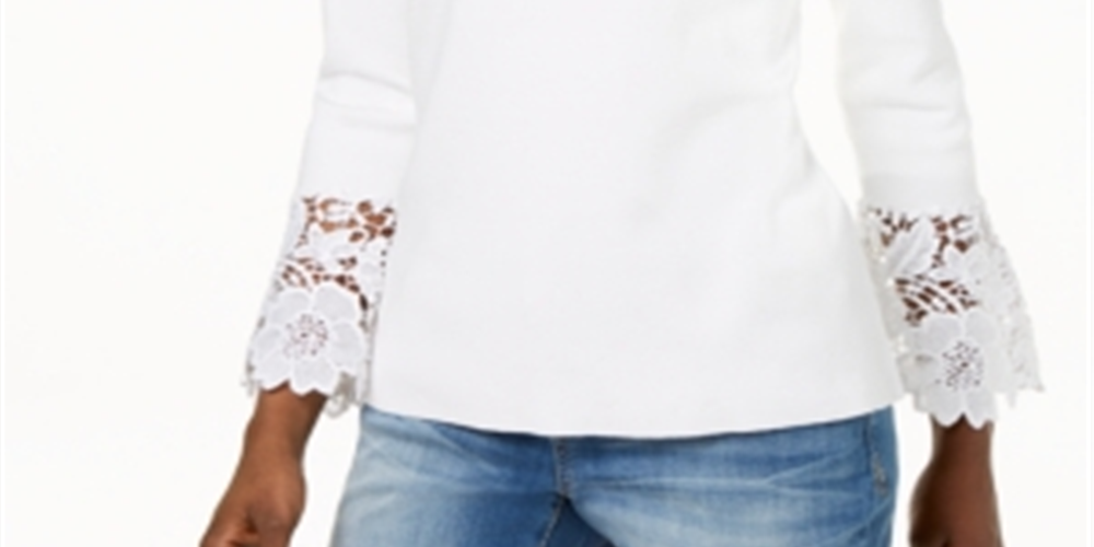 Suéter feminino INC International Concepts com manga sino e punho de renda, branco, tamanho pequeno