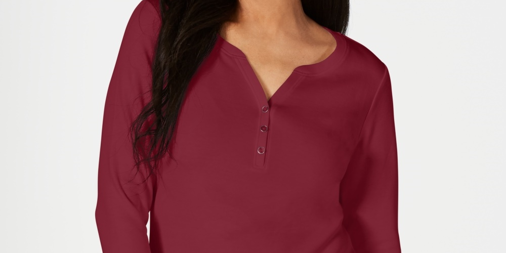 Karen Scott Top Henley de Algodão Feminino Vermelho Tamanho Grande