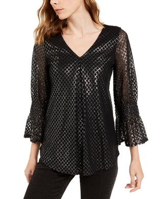 Blusa Alfani Feminina Petite com Estampa Metálica e Mangas Finas Cinza Tamanho P