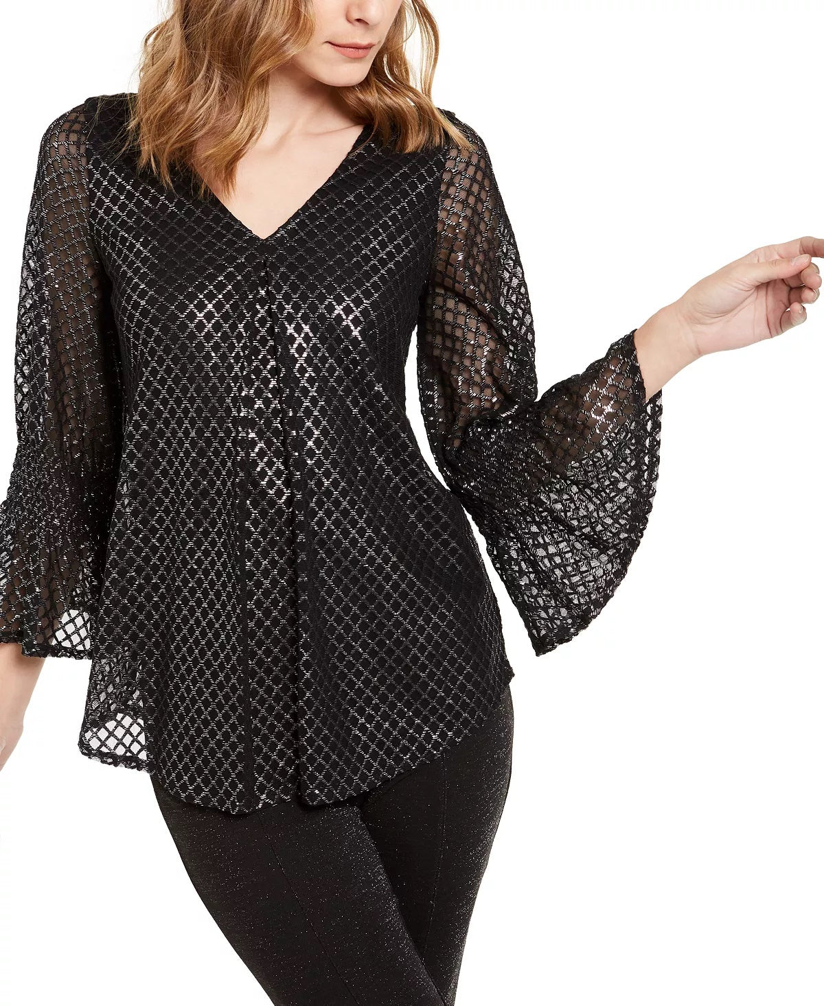 Blusa Alfani Feminina Petite com Estampa Metálica e Mangas Finas Cinza Tamanho P