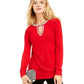 Suéter feminino pequeno com decote em forma de fechadura e detalhes em vermelho da INC International Concepts