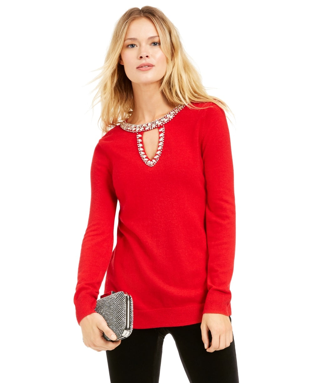 Suéter feminino pequeno com decote em forma de fechadura e detalhes em vermelho da INC International Concepts