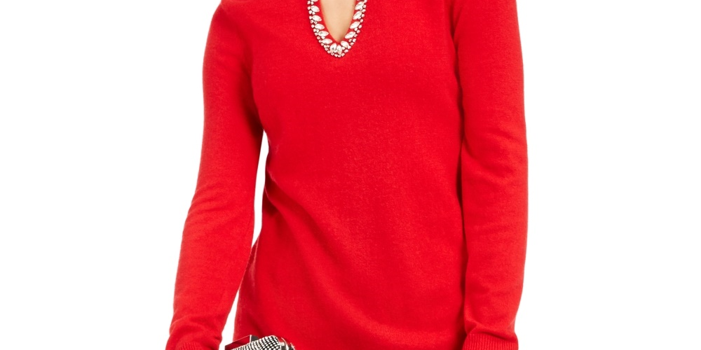 Suéter feminino pequeno com decote em forma de fechadura e detalhes em vermelho da INC International Concepts