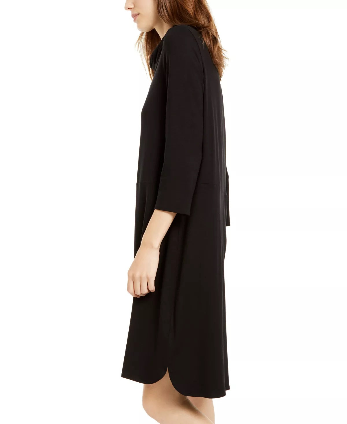 Vestido feminino Eileen Fisher com decote em V e manga curta, preto, tamanho pequeno, médio