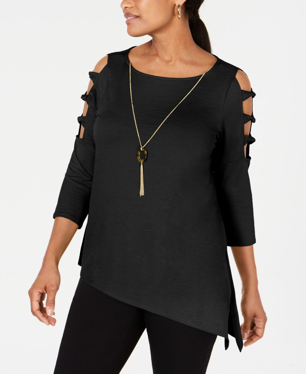 JM Collection Top Feminino com Bainha Assimétrica e Manga Escada, Preto, Tamanho Pequeno