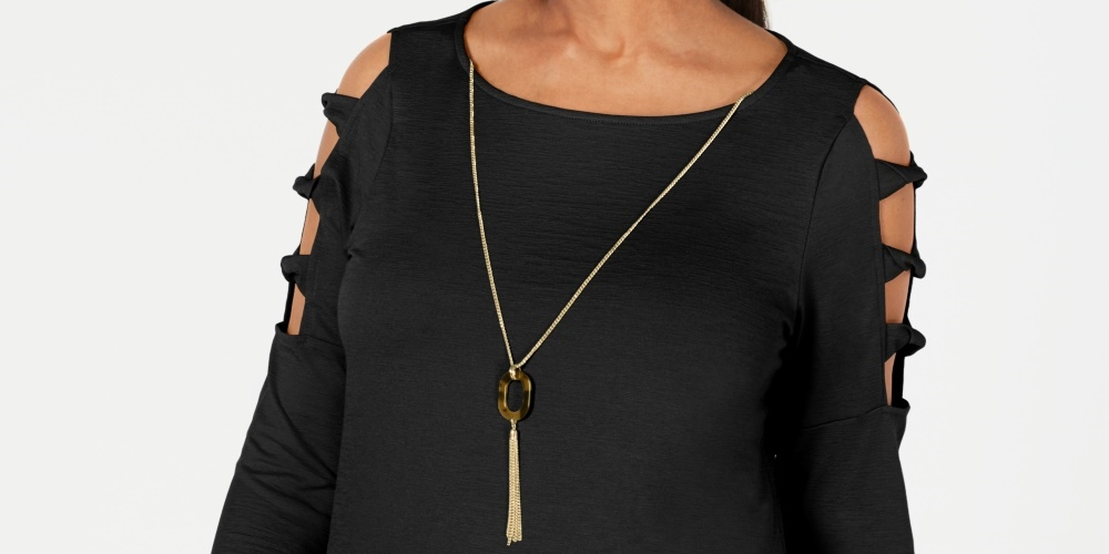 JM Collection Top Feminino com Bainha Assimétrica e Manga Escada, Preto, Tamanho Pequeno