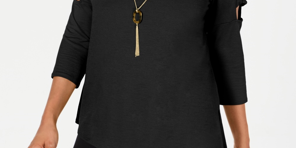 JM Collection Top Feminino com Bainha Assimétrica e Manga Escada, Preto, Tamanho Pequeno