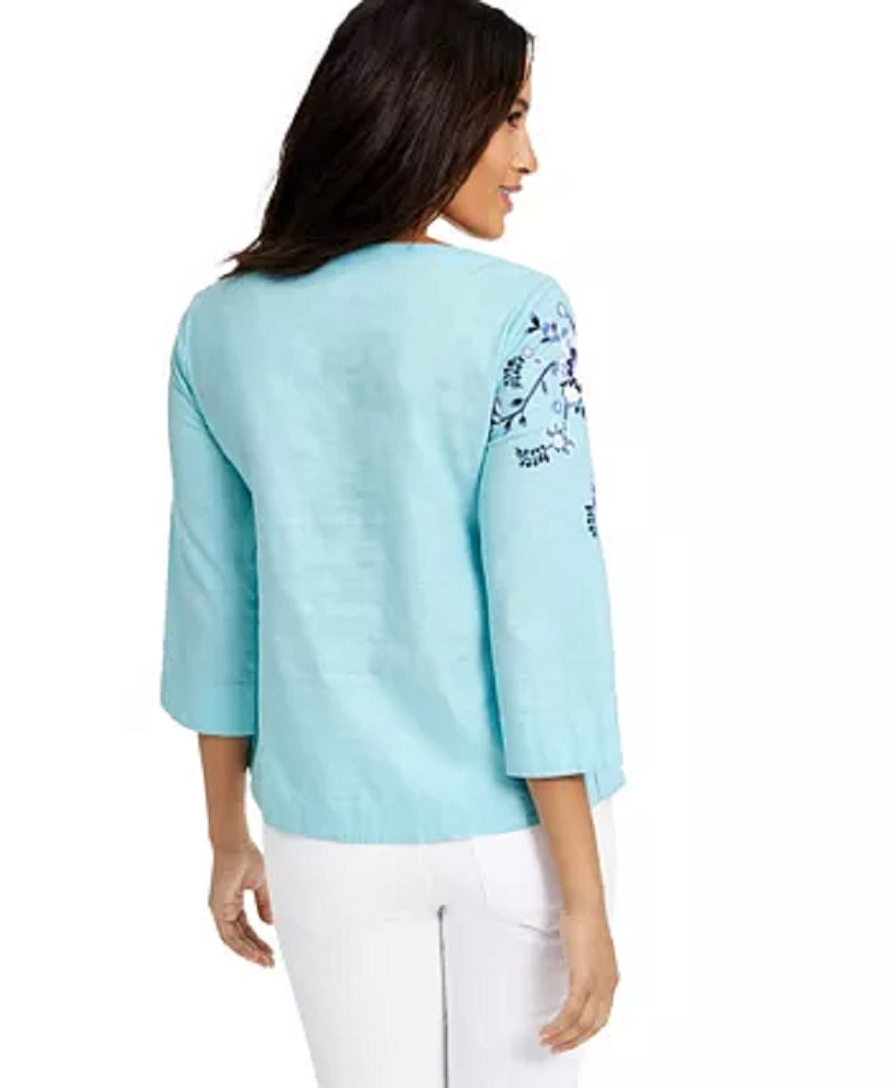 Blusa feminina Charter Club com bordado floral em mistura de linho, azul-marinho, tamanho X-S