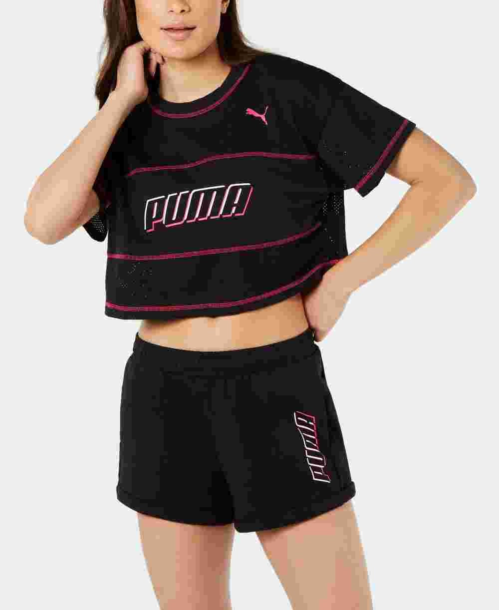Camiseta Puma Feminina Modern Sports Cotton Mesh Colorblocked Cropped Preta Tamanho Grande