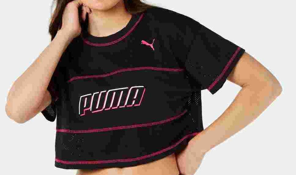 Camiseta Puma Feminina Modern Sports Cotton Mesh Colorblocked Cropped Preta Tamanho Grande