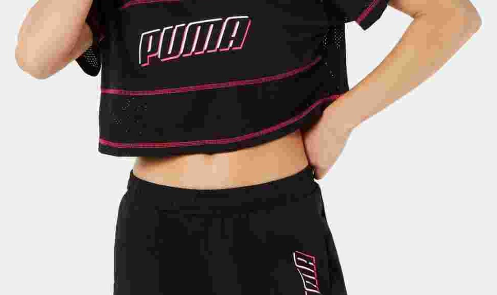 Camiseta Puma Feminina Modern Sports Cotton Mesh Colorblocked Cropped Preta Tamanho Grande