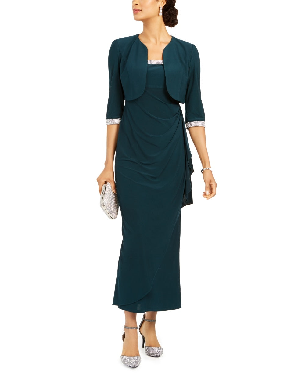 Jaqueta curta feminina R &amp; M Richards e vestido com babados, verde, tamanho 14