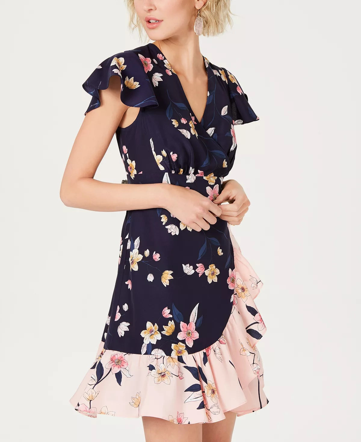 Vestido envelope feminino Vince Camuto com babados e babados, azul, tamanho 8